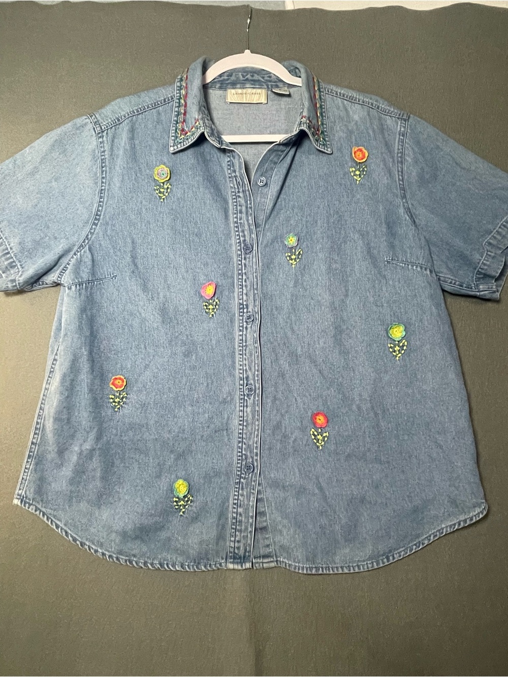Embroidered Denim Floral Shirt XL Boho Cottagecore Button Front